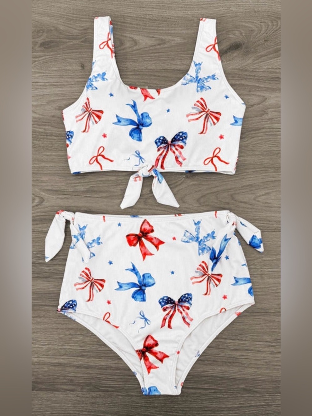 White Two-Piece Knot Front Bikini with Red & Blue Bow Print